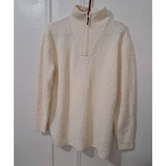 Ll bean womens large BOUCLE TEDDY sweater Ivory wool nylon mock neck teddy - Picture 1 of 7